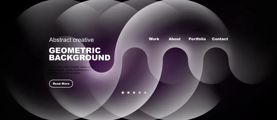 Abstract design features overlapping circles, purple hues, text elements, Stock Illustration