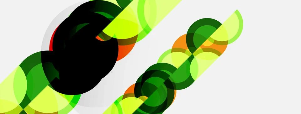 Abstract design features overlapping circles, gradients. Green, orange hues Stock Illustration