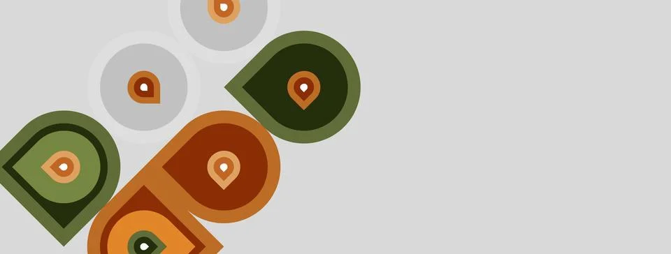 Abstract design features overlapping circles, squares. Colors include brown, Stock Illustration