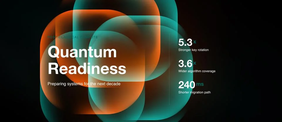 Abstract design features overlapping circles, text highlights quantum readi.. Stockillustratie
