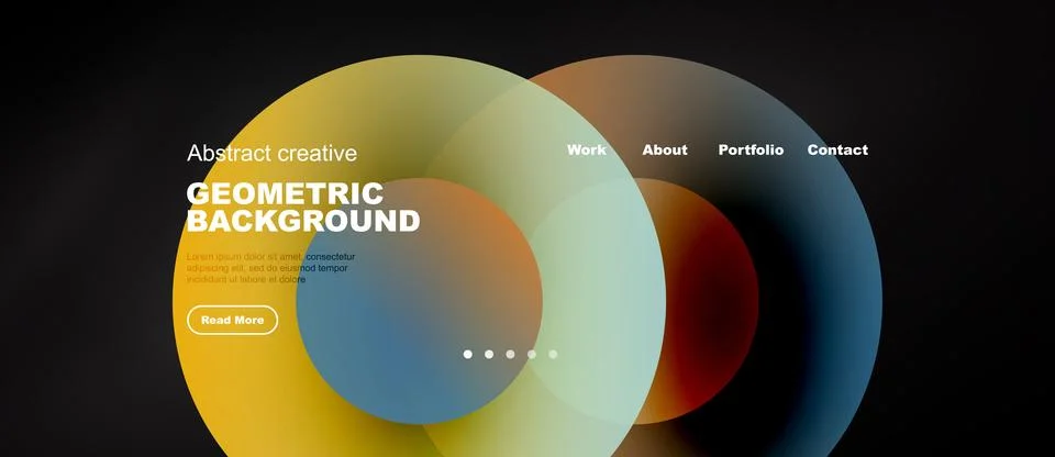 Abstract design features overlapping circles, vibrant colors, text elements. Stock Illustration