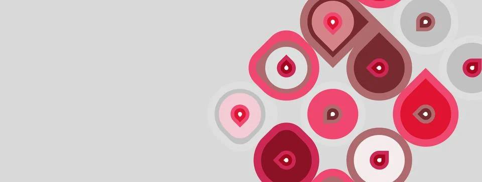 Abstract design features overlapping circular shapes, varying shades red, pin Stock Illustration