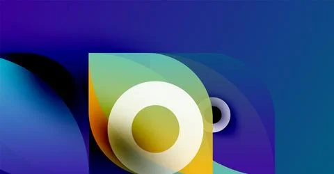 Abstract design features overlapping colorful shapes, including circles, curves, Stock Illustration
