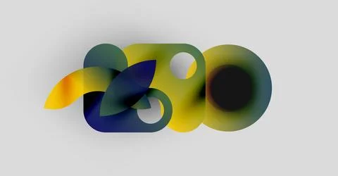 Abstract design features overlapping colorful shapes forming 3D text. Soft Stock Illustration