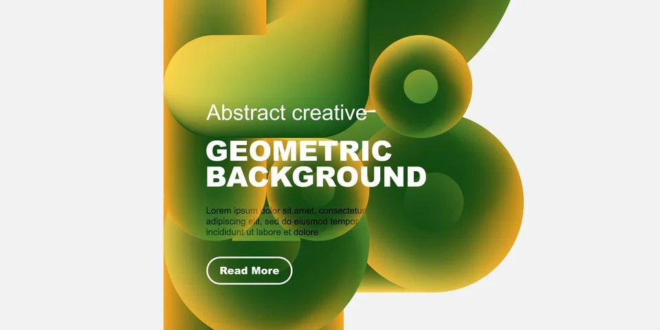 Abstract design features overlapping colorful shapes, text, button. Modern Stock Illustration
