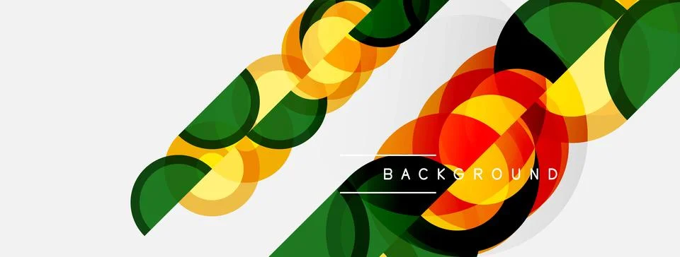 Abstract design features overlapping colorful circles, diagonal lines. Modern 스톡 일러스트