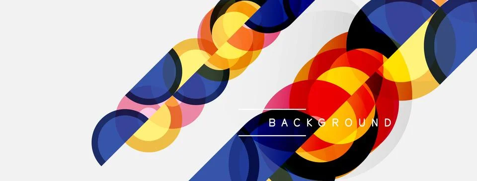 Abstract design features overlapping colorful circles, diagonal lines. Modern Illustrazione stock