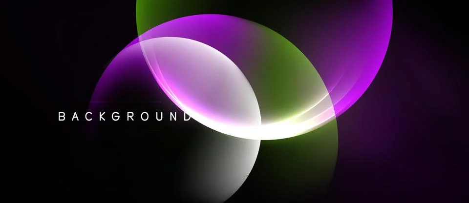 Abstract design features overlapping colorful circles. Purple, green, white.. Ilustración de archivo