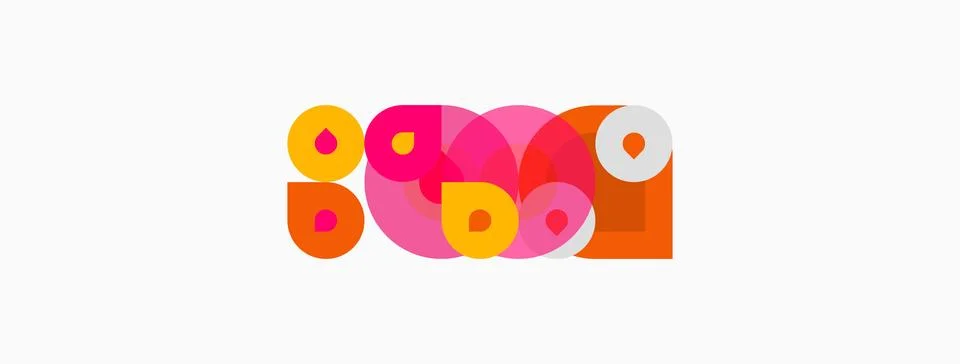 Abstract design features overlapping colorful circles, squares, shapes. Illustrazione stock