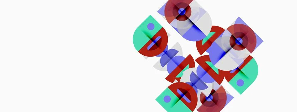 Abstract design features overlapping colorful circles, squares. Minimalist Stock Illustration