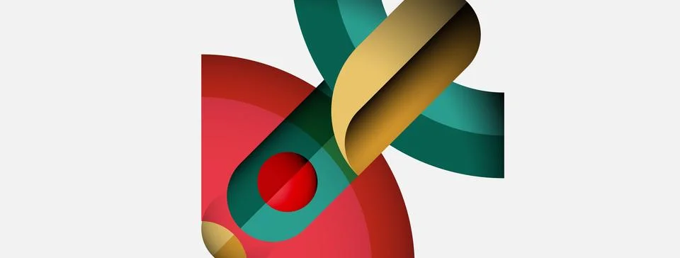 Abstract design features overlapping curved shapes, red circle, gold accents. イラスト素材