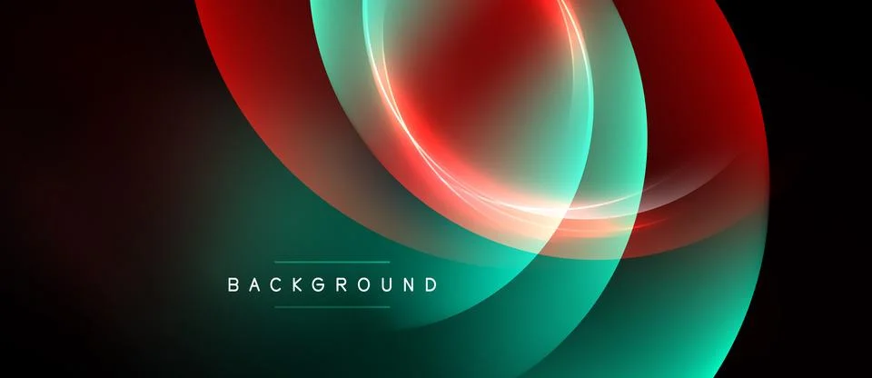 Abstract design features overlapping glowing circles. Gradient colors blend.. Stock Illustration