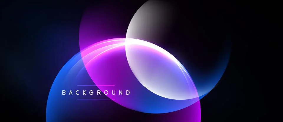Abstract design features overlapping glowing circles. Purple, blue hues dom.. Stock Illustration