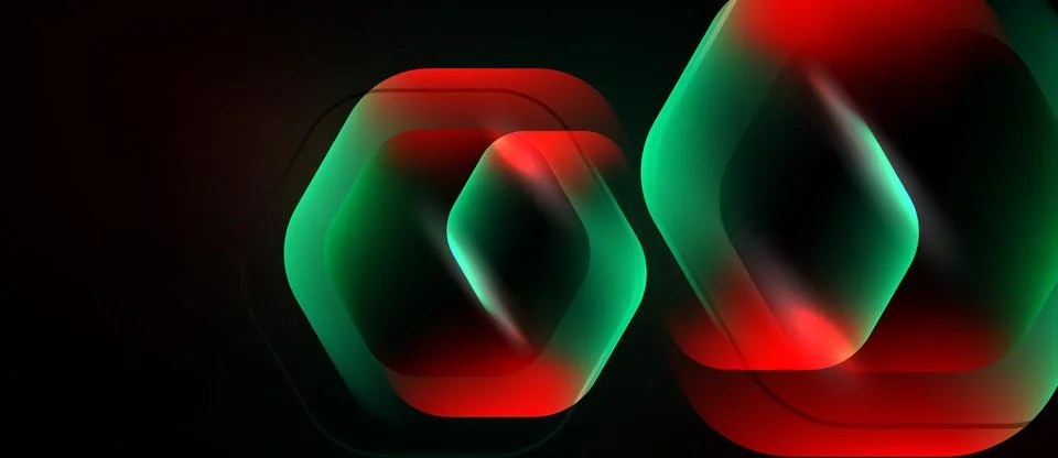 Abstract design features overlapping hexagons. Red, green hues create vibrant 库存插图