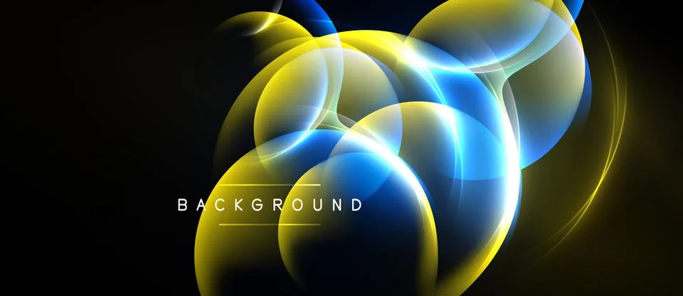 Abstract design features overlapping luminous circles. Yellow, blue hues blen Stock Illustration