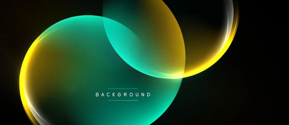 Abstract design features overlapping luminous circles. Golden, teal hues blen Stock Illustration