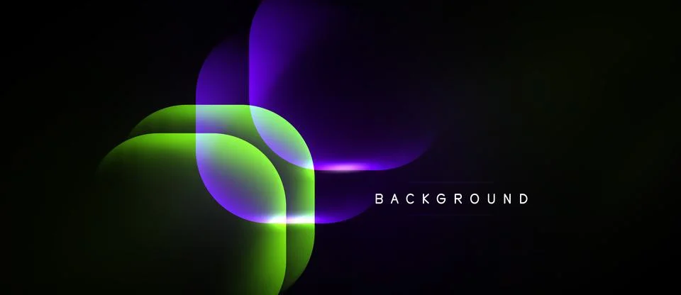 Abstract design features overlapping luminous shapes. Green, purple gradients Иллюстрация