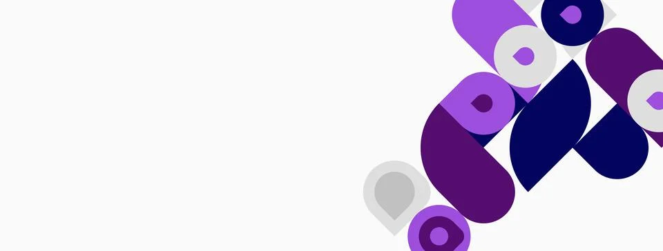 Abstract design features overlapping purple circles, rectangles. Minimalist Stock Illustration