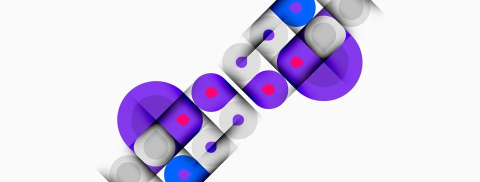 Abstract design features overlapping purple circles, red dots, blue rectangle Stockillustratie