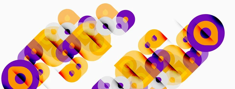 Abstract design features overlapping purple, orange circles, rectangles. イラスト素材