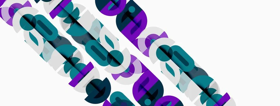 Abstract design features overlapping purple, teal shapes. Diagonal lines crea Illustrazione stock