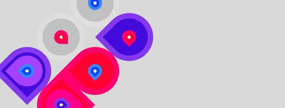 Abstract design features overlapping purple, pink circles. Each circle contai Illustrazione stock
