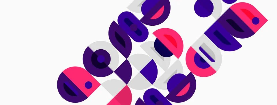 Abstract design features overlapping purple, pink circles, dots. White Stock Illustration