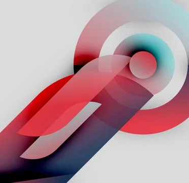 Abstract design features overlapping red, white, teal shapes. Circular elements Illustrazione stock