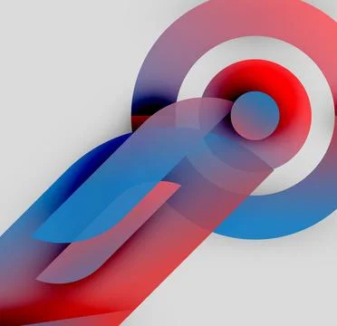 Abstract design features overlapping red, blue, white shapes. Circular elements Illustrazione stock
