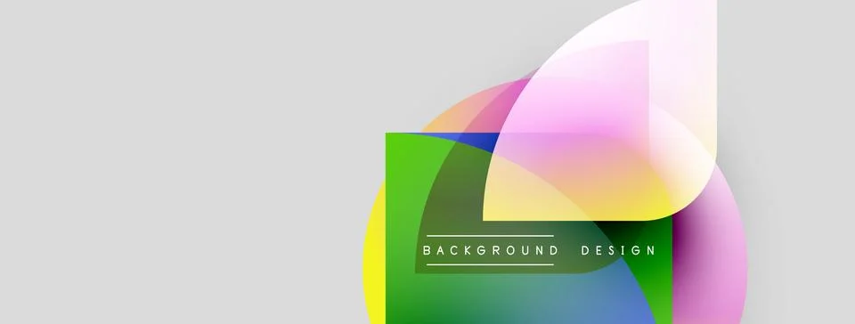 Abstract design features overlapping shapes, vibrant colors, text elements. Illustrazione stock