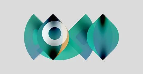 Abstract design features overlapping shapes, teal hues, circular elements. Illustrazione stock