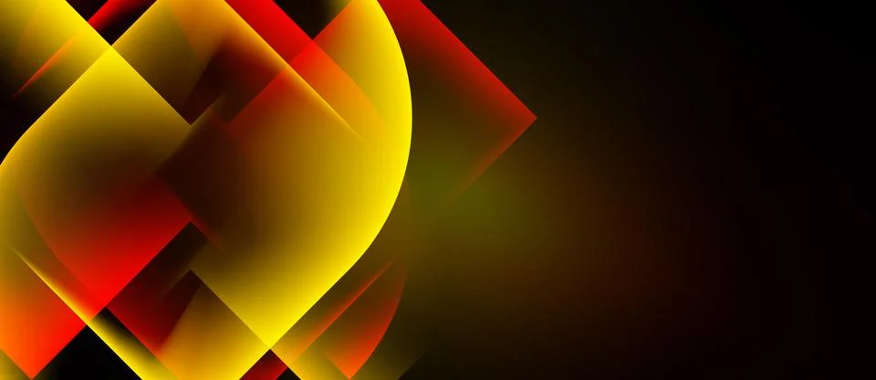Abstract design features overlapping shapes, vibrant yellow, red hues. Dark Illustrazione stock