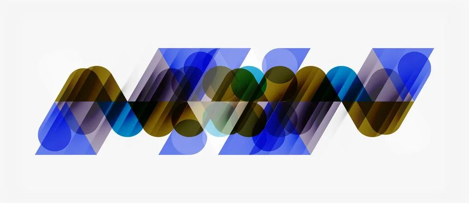 Abstract design features overlapping translucent shapes. Blue, gold, purple.. Illustrazione stock
