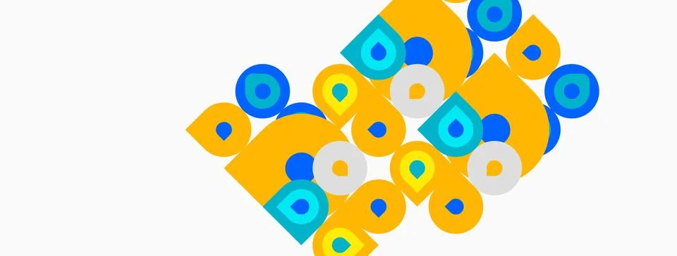 Abstract design features overlapping yellow shapes, blue circles, teal tria.. Illustrazione stock