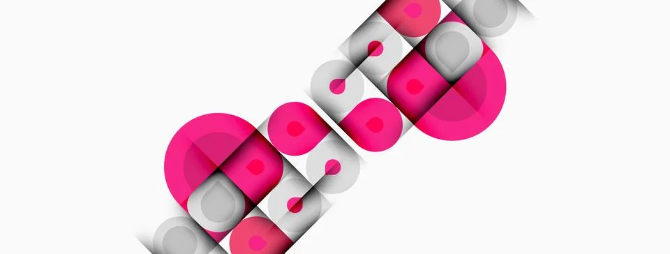 Abstract design features pink circles, gray rectangles. Minimalist compositio Stock Illustration