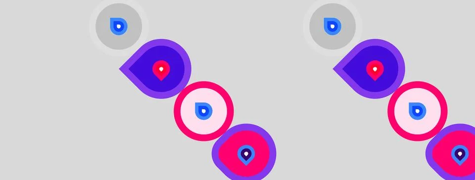 Abstract design features purple, blue circles. Red dots center some shapes. Illustrazione stock