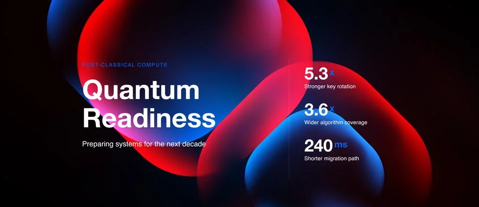 Abstract design features quantum readiness text, metrics, vibrant colors. Illustrazione stock