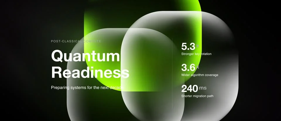 Abstract design features quantum readiness text, metrics, translucent shapes. Stock Illustration