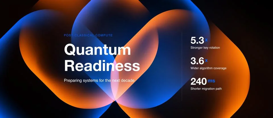 Abstract design features quantum readiness text. Metrics highlight stronger k Stock Illustration