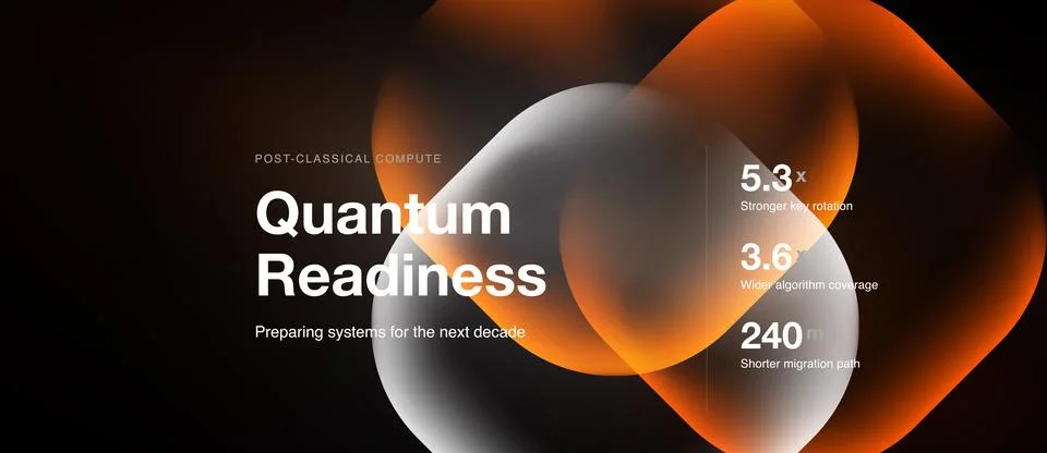 Abstract design features quantum readiness text, data points. Orange, white.. イラスト素材