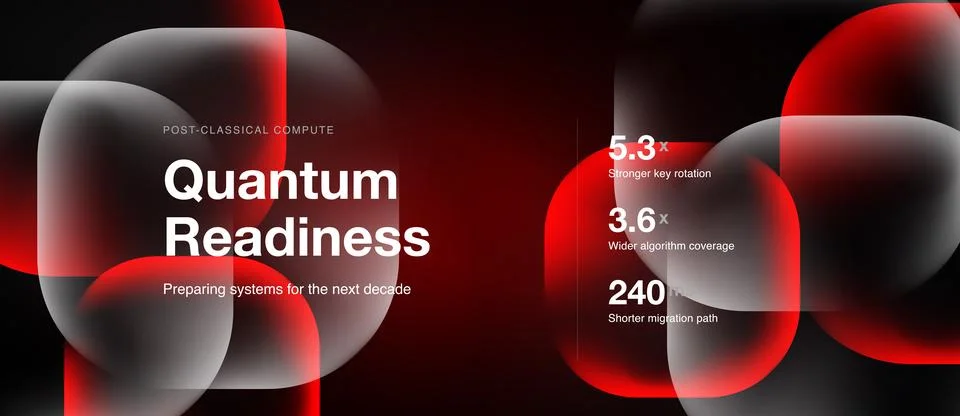 Abstract design features quantum readiness text, metrics, red glowing orbs. イラスト素材