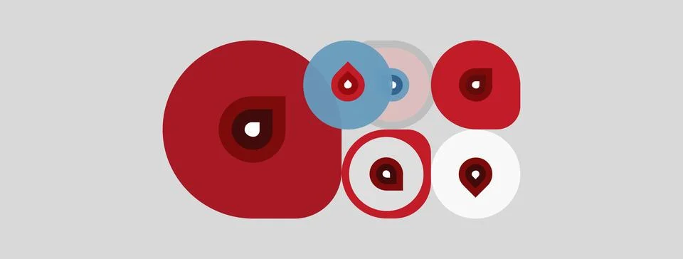 Abstract design features red, blue circles. Concentric shapes suggest depth, Stock Illustration