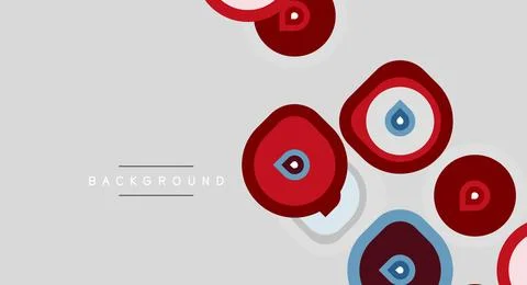 Abstract design features red circles, droplets, gray backdrop. Minimalist s.. Illustrazione stock