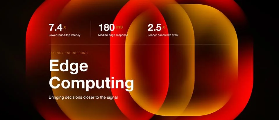 Abstract design features red overlapping circles. Text highlights edge comp.. 스톡 일러스트