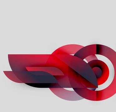 Abstract design features red shapes, circles, lines. Minimalist composition with Stock Illustration