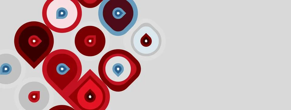 Abstract design features red shapes resembling eyes, scattered across gray Stock Illustration