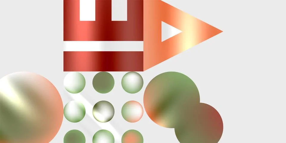 Abstract design features red text, orange triangle, green spheres. Minimalist Stock Illustration