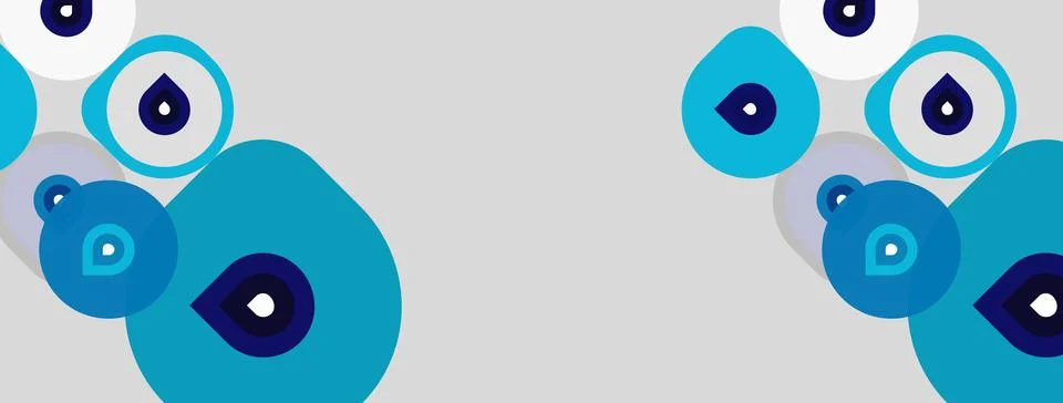 Abstract design features repeating blue eye motifs. Circles, teardrops create Stock Illustration