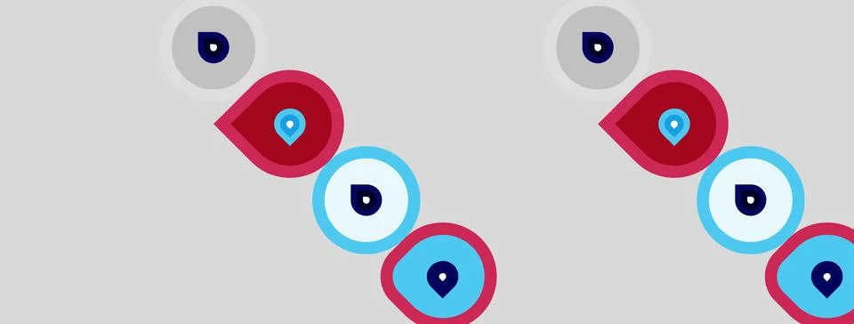 Abstract design features repeating circular motifs. Red, blue, white colors Stock Illustration