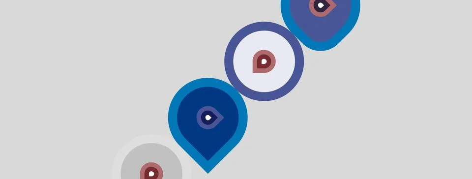 Abstract design features repeating eye motifs. Circles, shades of blue, purpl Stock Illustration